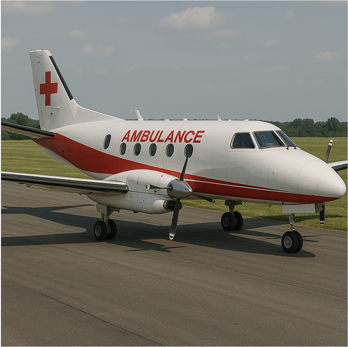 Ambulans medyczny na tle białym z czerwonymi oznaczeniami i sygnałami świetlnymi