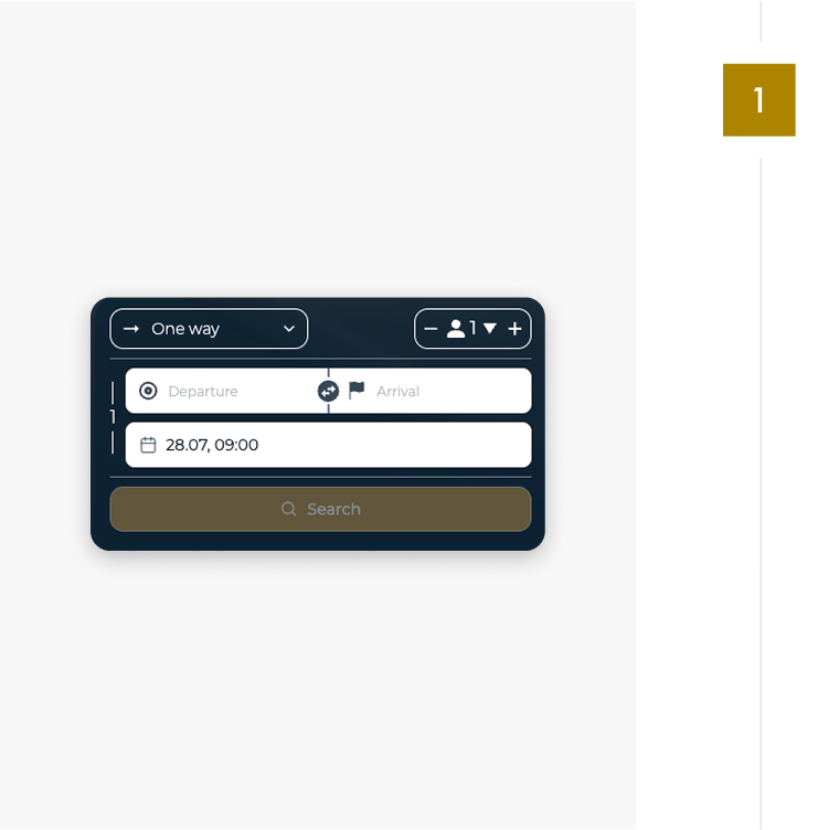 Ekran z widżetem rezerwacyjnym na stronie Rental Jets do wyszukiwania lotów prywatnych