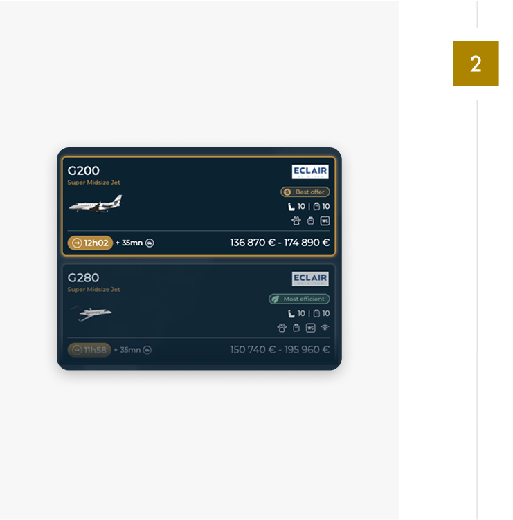 Przeglądanie dostępnych samolotów na platformie Rental Jets z informacjami o modelu, zasięgu i udogodnieniach